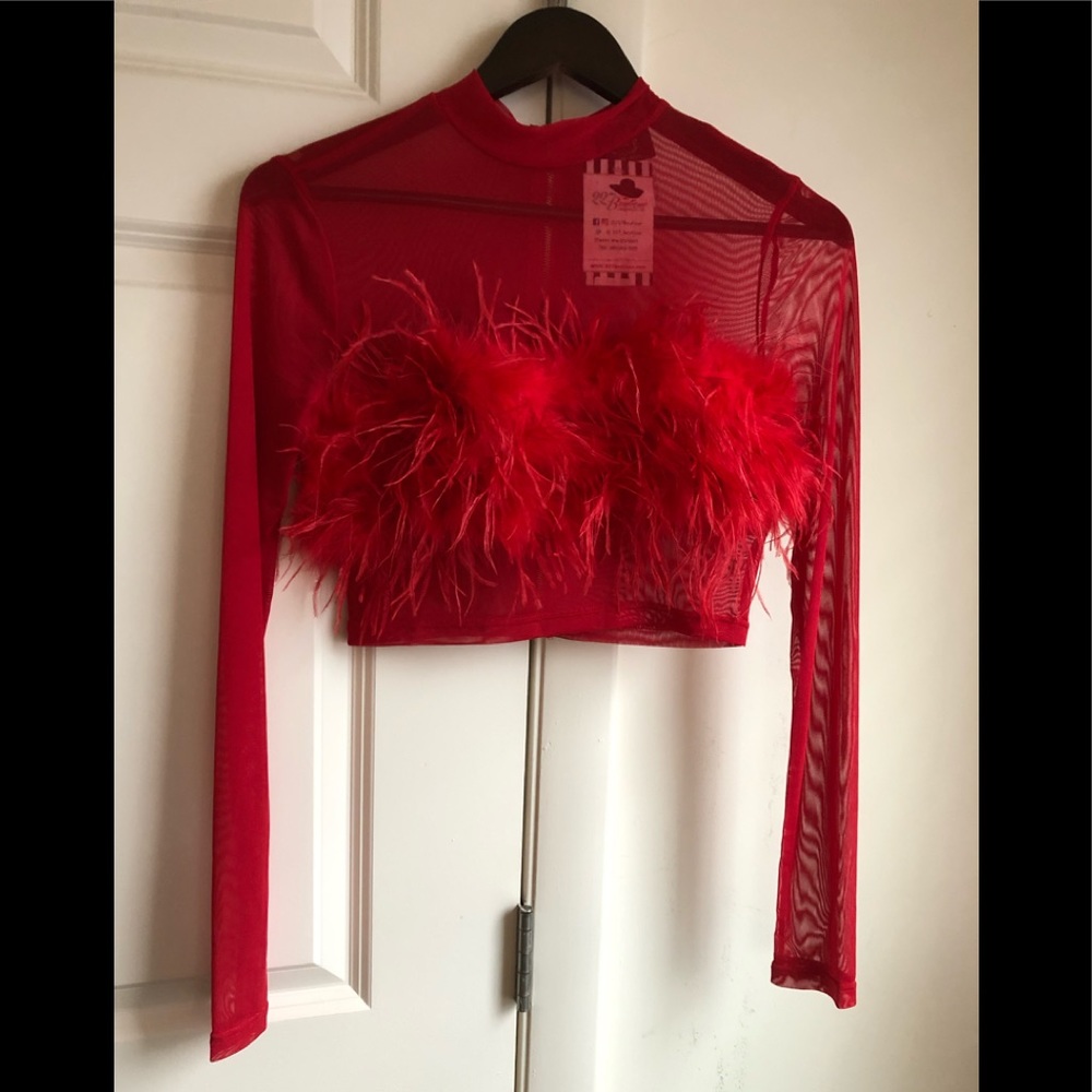 Feathered Red Crop Top Shirt